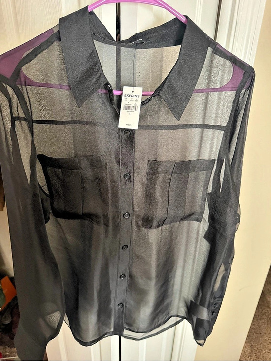 Express Tops - Express Sheer Button Down Blouse in Black